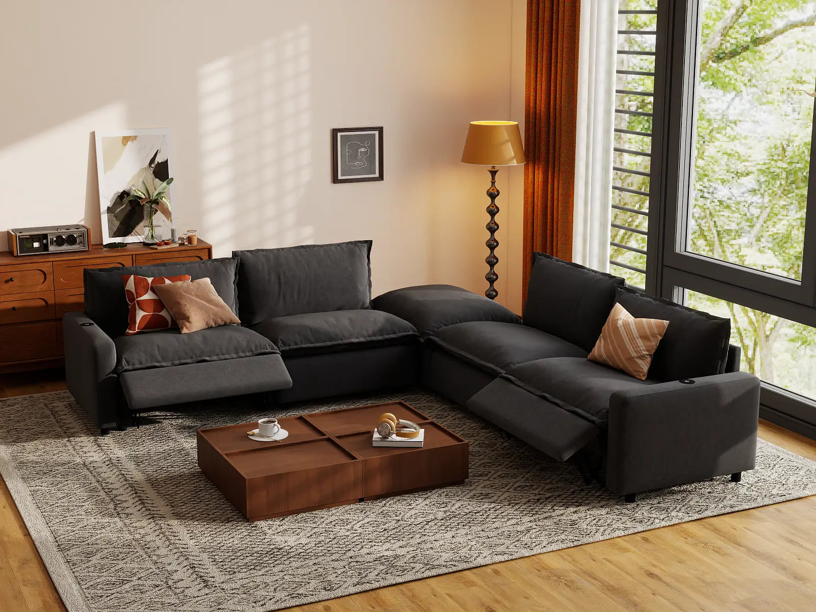 Modular Cero Recliner Sectional Chaise | 5-Piece Grey Linen Large Space V-Shaped Sectionals 4-Seater with 1-Ottoman