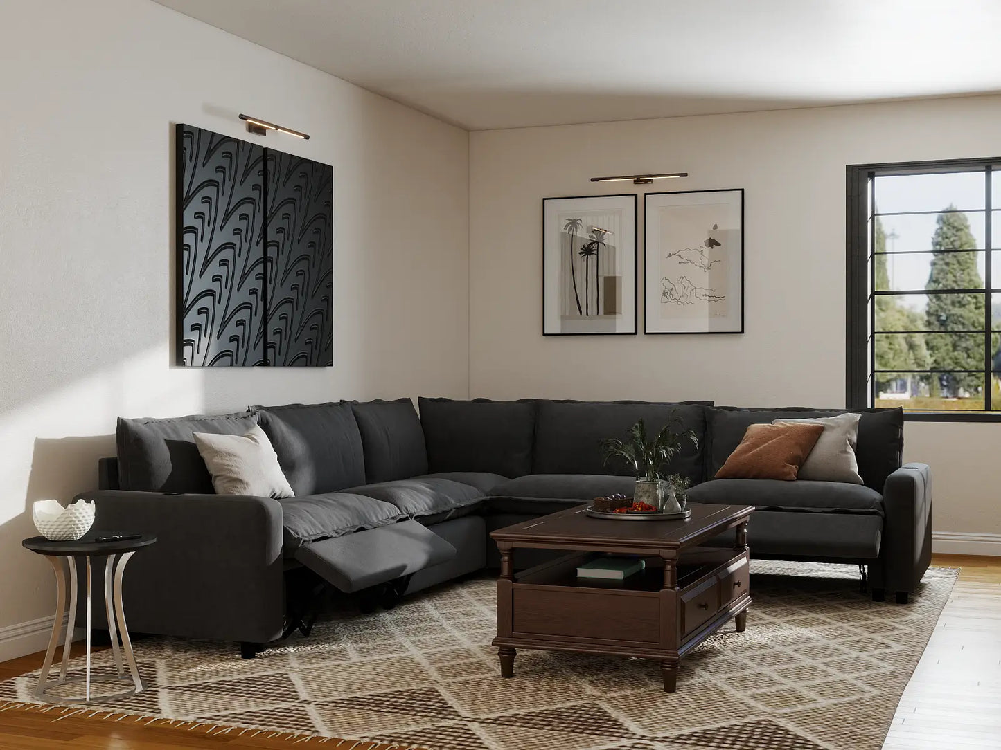 Modular Cero Reclining Sectionals | 5-Piece Grey Linen Large Space V-Shaped Sectionals 5-Seater