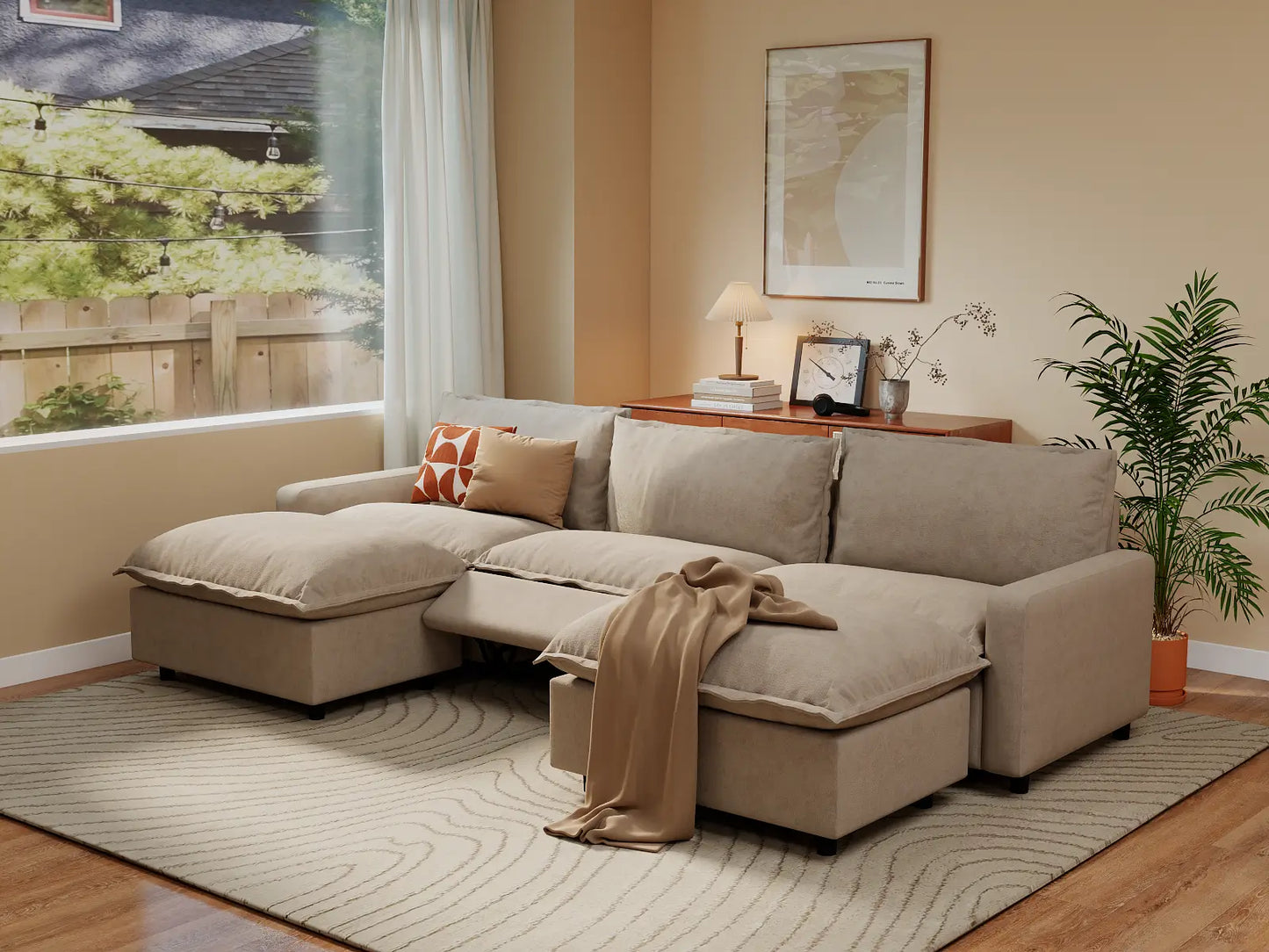 Modular Cero Reclining Sectionals | 5-Piece Khaki Linen Grand Estate U-Shaped Sectionals 3-Seater with 2-Ottomans