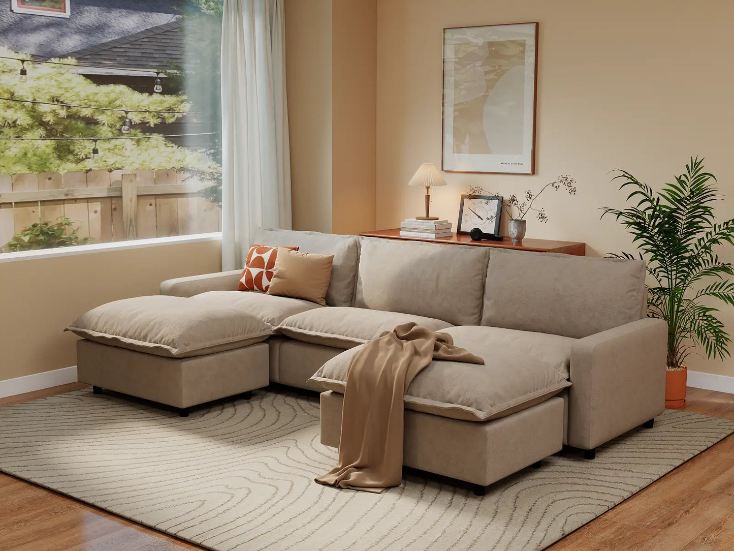 Modular Cero Modular Sectionals | 5-Piece Khaki Linen Grand Estate U-Shaped Sectionals 3-Seater with 2-Ottomans