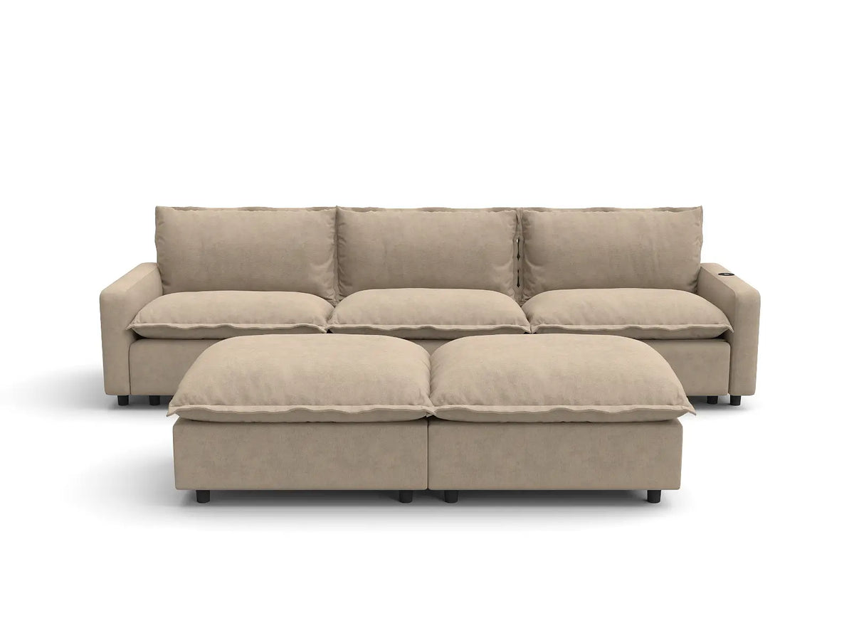 Modular Cero Reclining Sectionals | 5-Piece Khaki Linen Grand Estate U-Shaped Sectionals 3-Seater with 2-Ottomans
