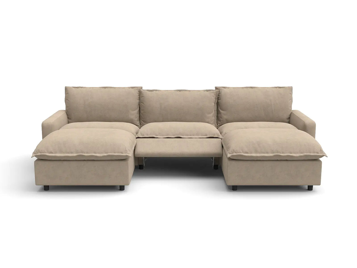 Modular Cero Reclining Sectionals | 5-Piece Khaki Linen Grand Estate U-Shaped Sectionals 3-Seater with 2-Ottomans