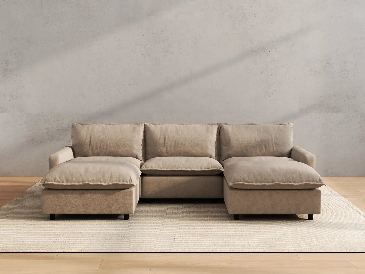 Modular Cero Modular Sectionals | 5-Piece Khaki Linen Grand Estate U-Shaped Sectionals 3-Seater with 2-Ottomans