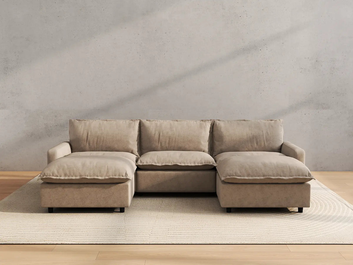 Modular Cero Reclining Sectionals | 5-Piece Khaki Linen Grand Estate U-Shaped Sectionals 3-Seater with 2-Ottomans