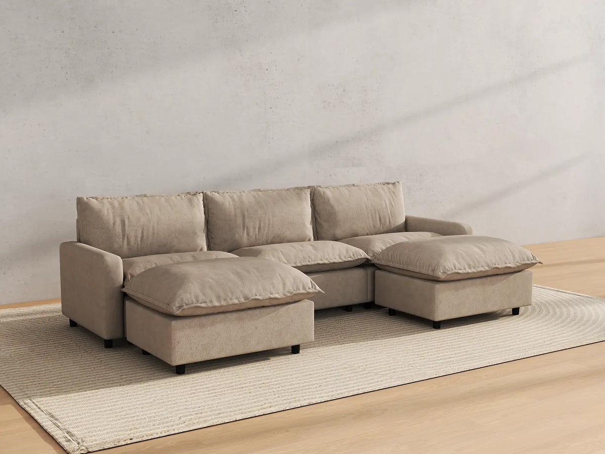 Modular Cero Modular Sectionals | 5-Piece Khaki Linen Grand Estate U-Shaped Sectionals 3-Seater with 2-Ottomans