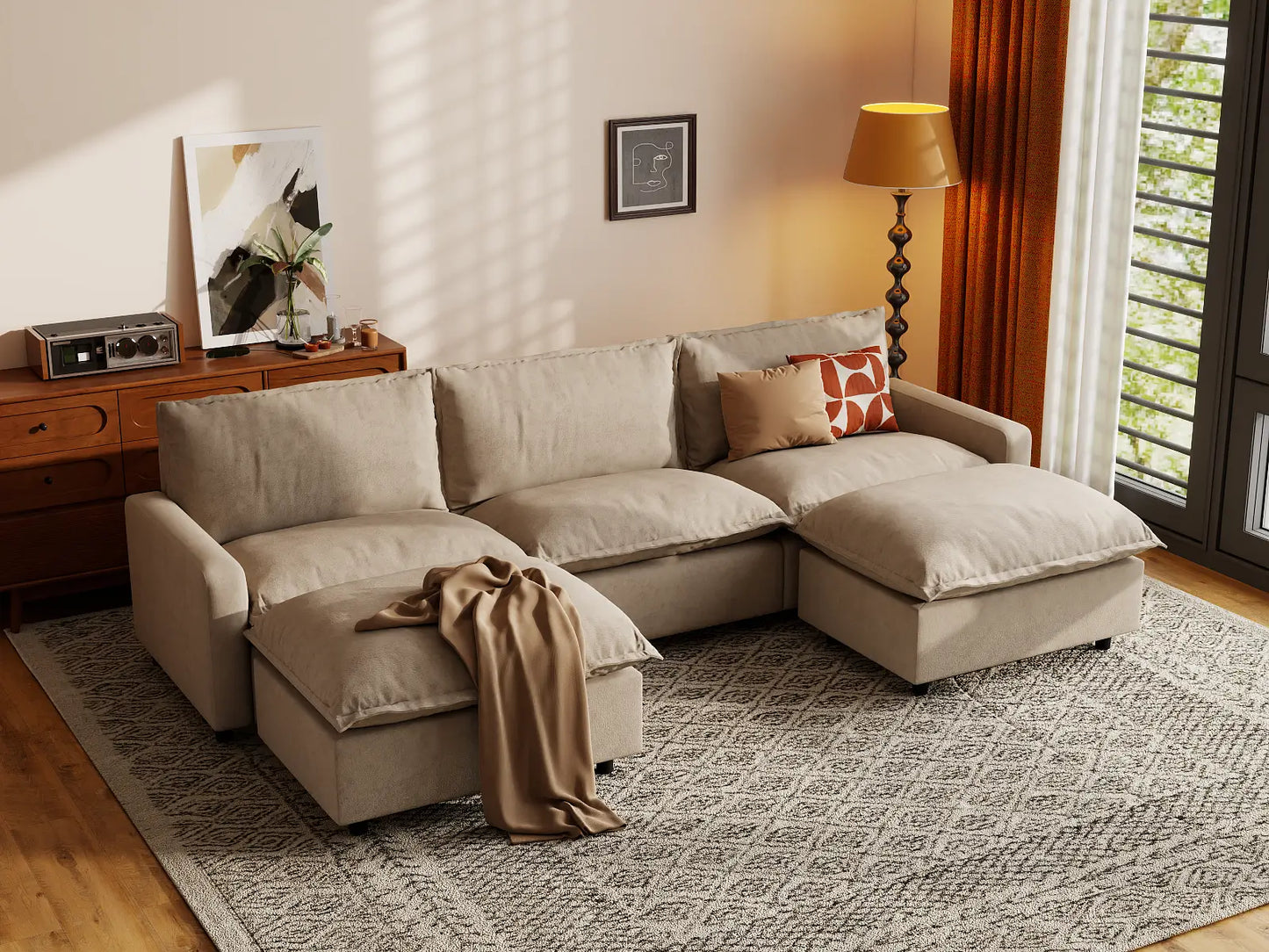 Modular Cero Modular Sectionals | 5-Piece Khaki Linen Grand Estate U-Shaped Sectionals 3-Seater with 2-Ottomans
