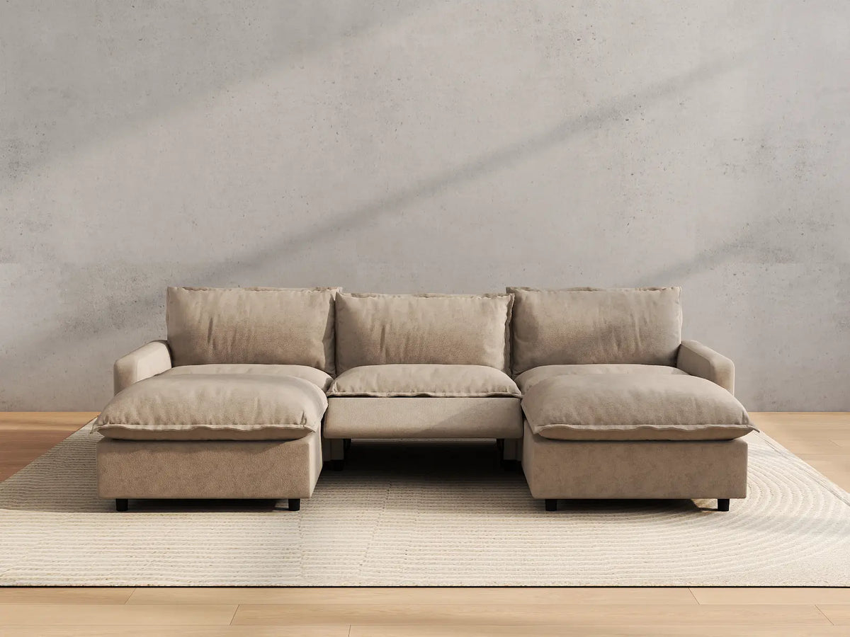 Modular Cero Reclining Sectionals | 5-Piece Khaki Linen Grand Estate U-Shaped Sectionals 3-Seater with 2-Ottomans