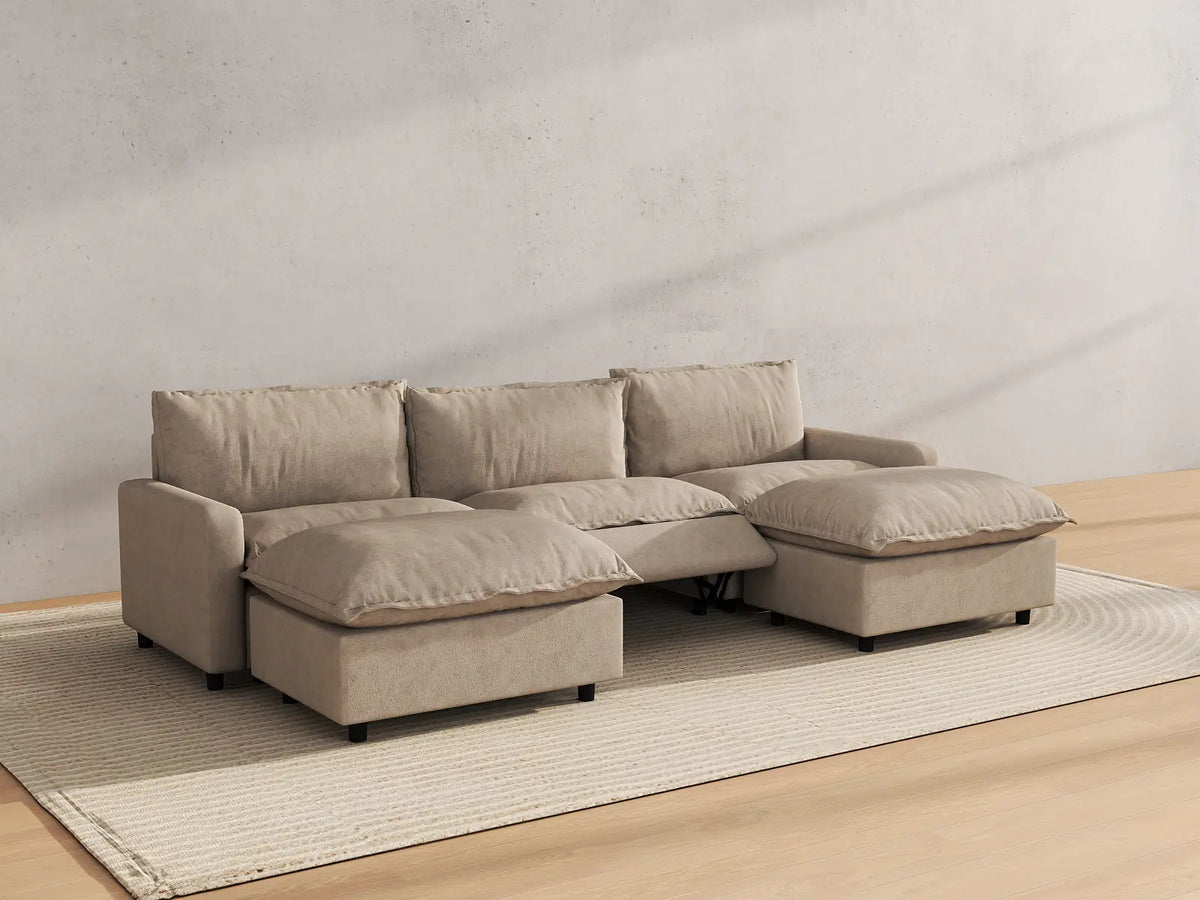 Modular Cero Reclining Sectionals | 5-Piece Khaki Linen Grand Estate U-Shaped Sectionals 3-Seater with 2-Ottomans