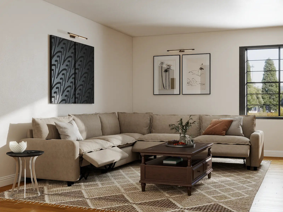 Modular Cero Reclining Sectionals | 5-Piece Khaki Linen Grand Estate V-Shaped Sectionals 5-Seater