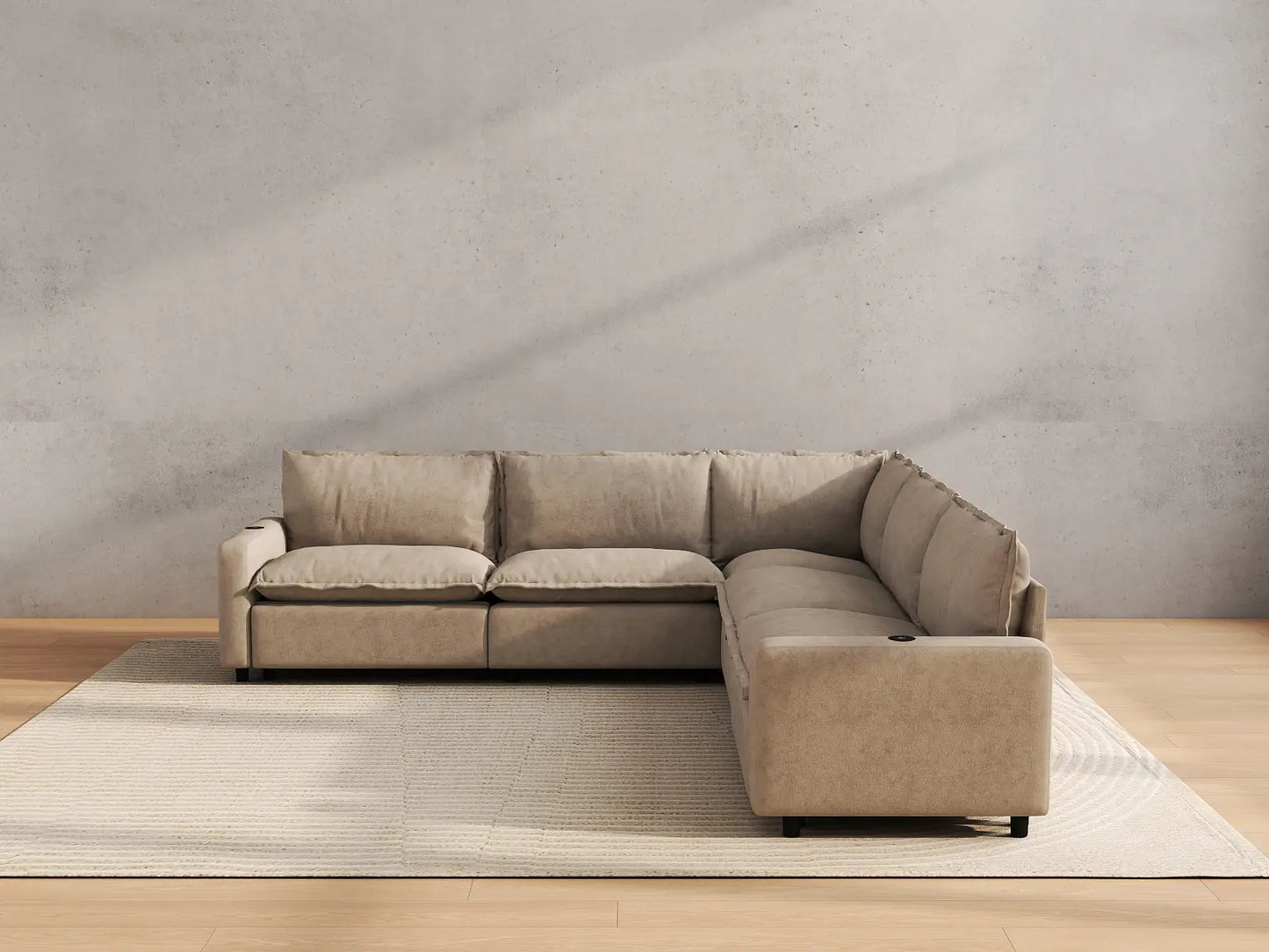 Modular Cero Reclining Sectionals | 5-Piece Khaki Linen Grand Estate V-Shaped Sectionals 5-Seater