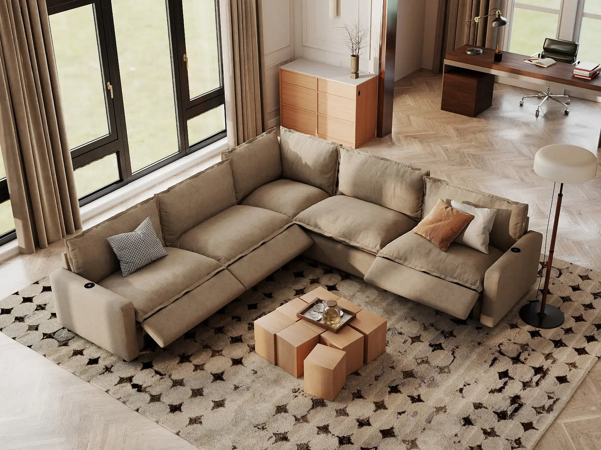 Modular Cero Reclining Sectionals | 5-Piece Khaki Linen Grand Estate V-Shaped Sectionals 5-Seater