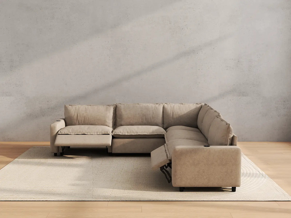 Modular Cero Reclining Sectionals | 5-Piece Khaki Linen Grand Estate V-Shaped Sectionals 5-Seater