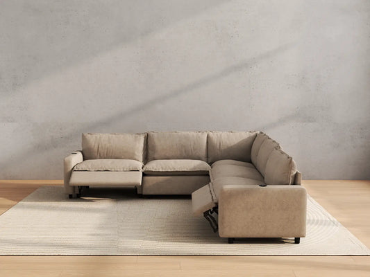 Modular Cero Reclining Sectionals | 5-Piece Khaki Linen Grand Estate V-Shaped Sectionals 5-Seater