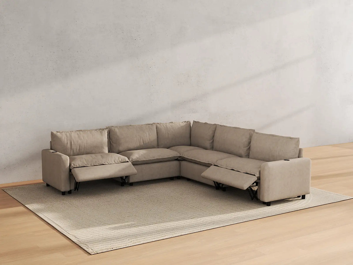 Modular Cero Reclining Sectionals | 5-Piece Khaki Linen Grand Estate V-Shaped Sectionals 5-Seater