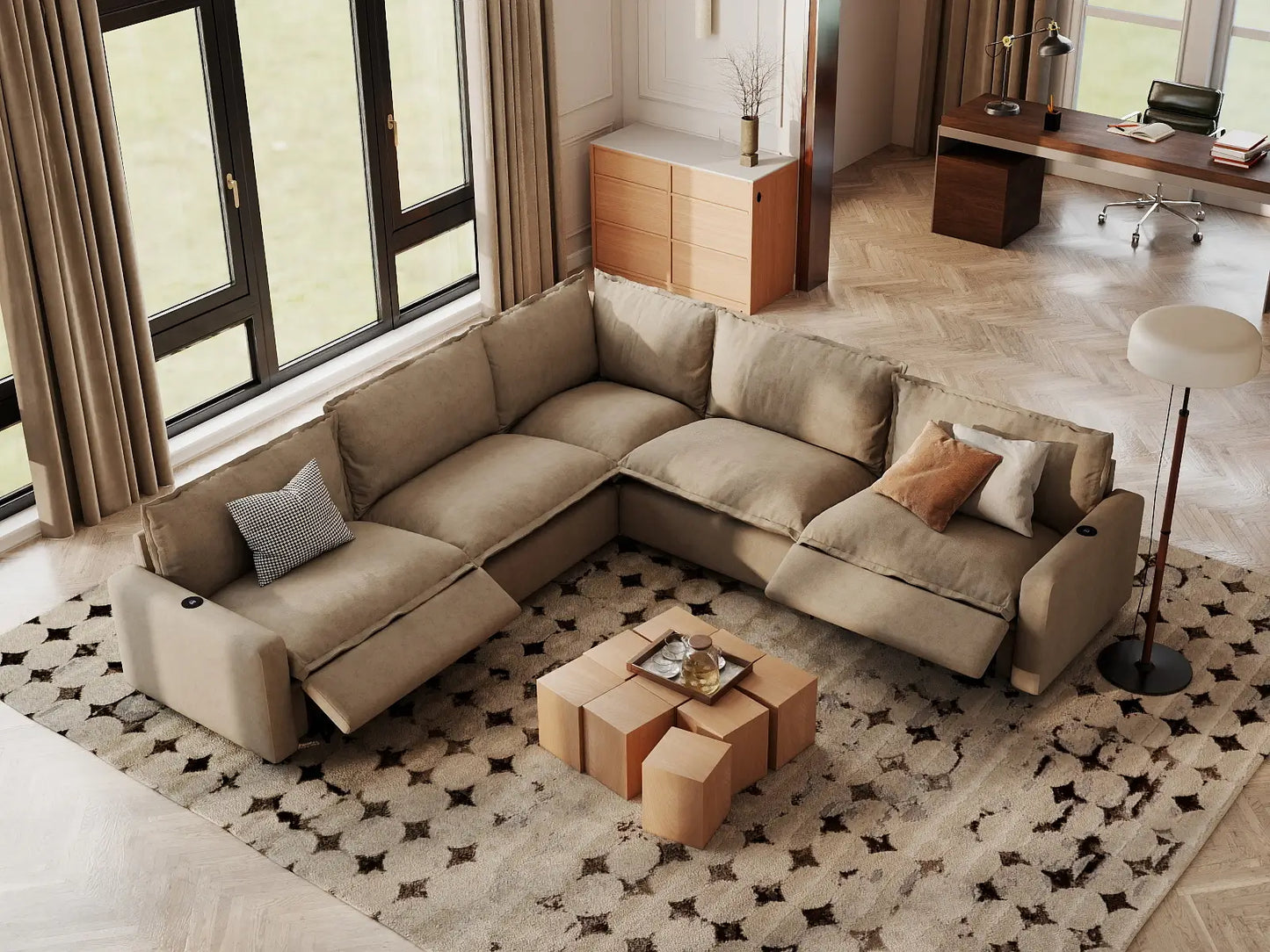 Modular Cero Reclining Sectionals | 5-Piece Khaki Linen Grand Estate V-Shaped Sectionals 5-Seater