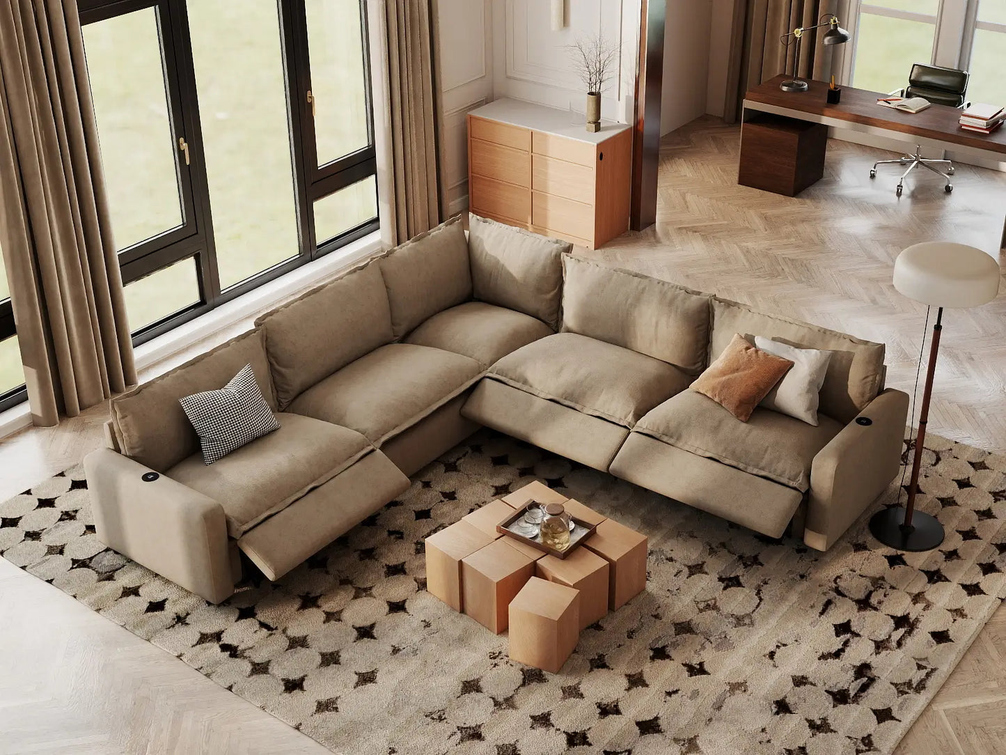 Modular Cero Power Reclining Sectional | 5-Piece Khaki Linen Grand Estate V-Shaped Sectionals 5-Seater
