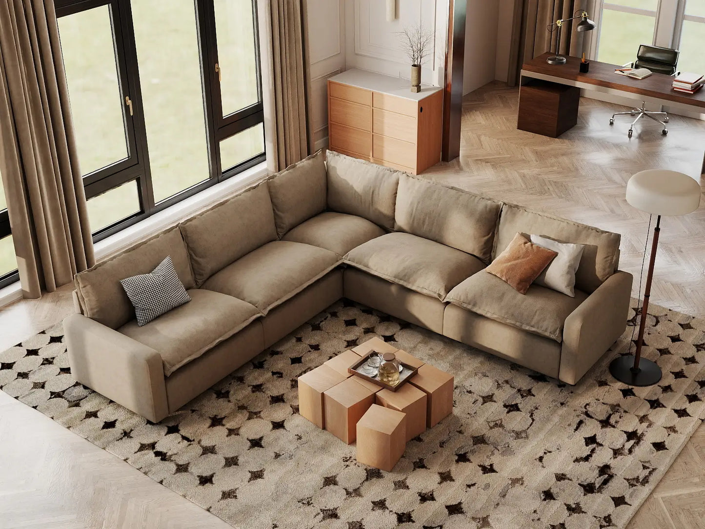 Modular Cero Modular Sectionals | 5-Piece Khaki Linen Grand Estate V-Shaped Sectionals 5-Seater