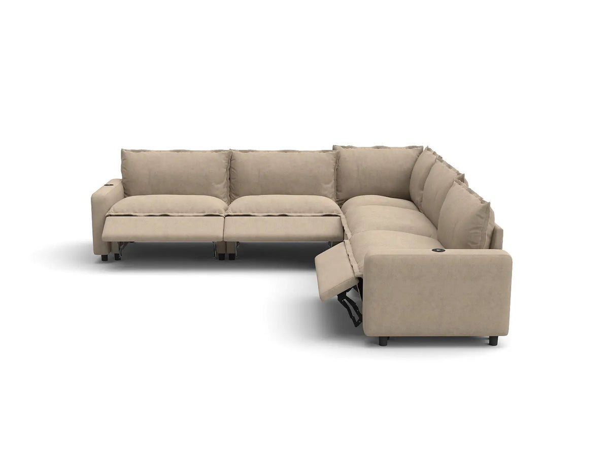Modular Cero Reclining Sectionals | 5-Piece Khaki Linen Grand Estate V-Shaped Sectionals 5-Seater
