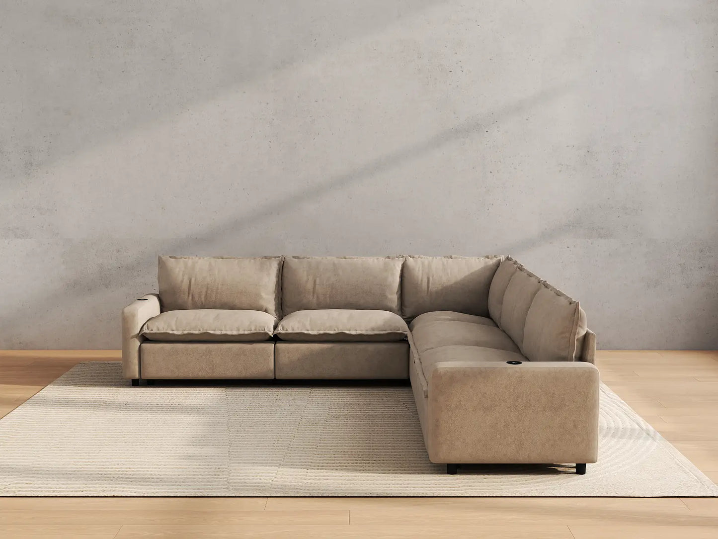 Modular Cero Reclining Sectionals | 5-Piece Khaki Linen Grand Estate V-Shaped Sectionals 5-Seater