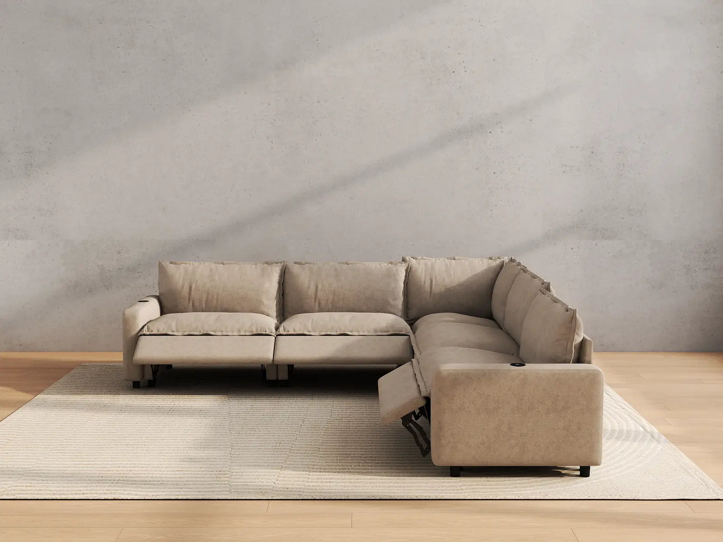 Modular Cero Reclining Sectionals | 5-Piece Khaki Linen Grand Estate V-Shaped Sectionals 5-Seater