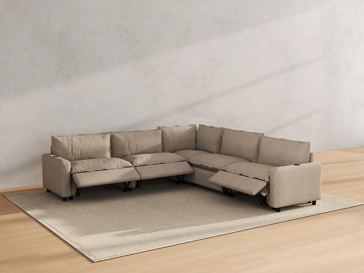 Modular Cero Reclining Sectionals | 5-Piece Khaki Linen Grand Estate V-Shaped Sectionals 5-Seater