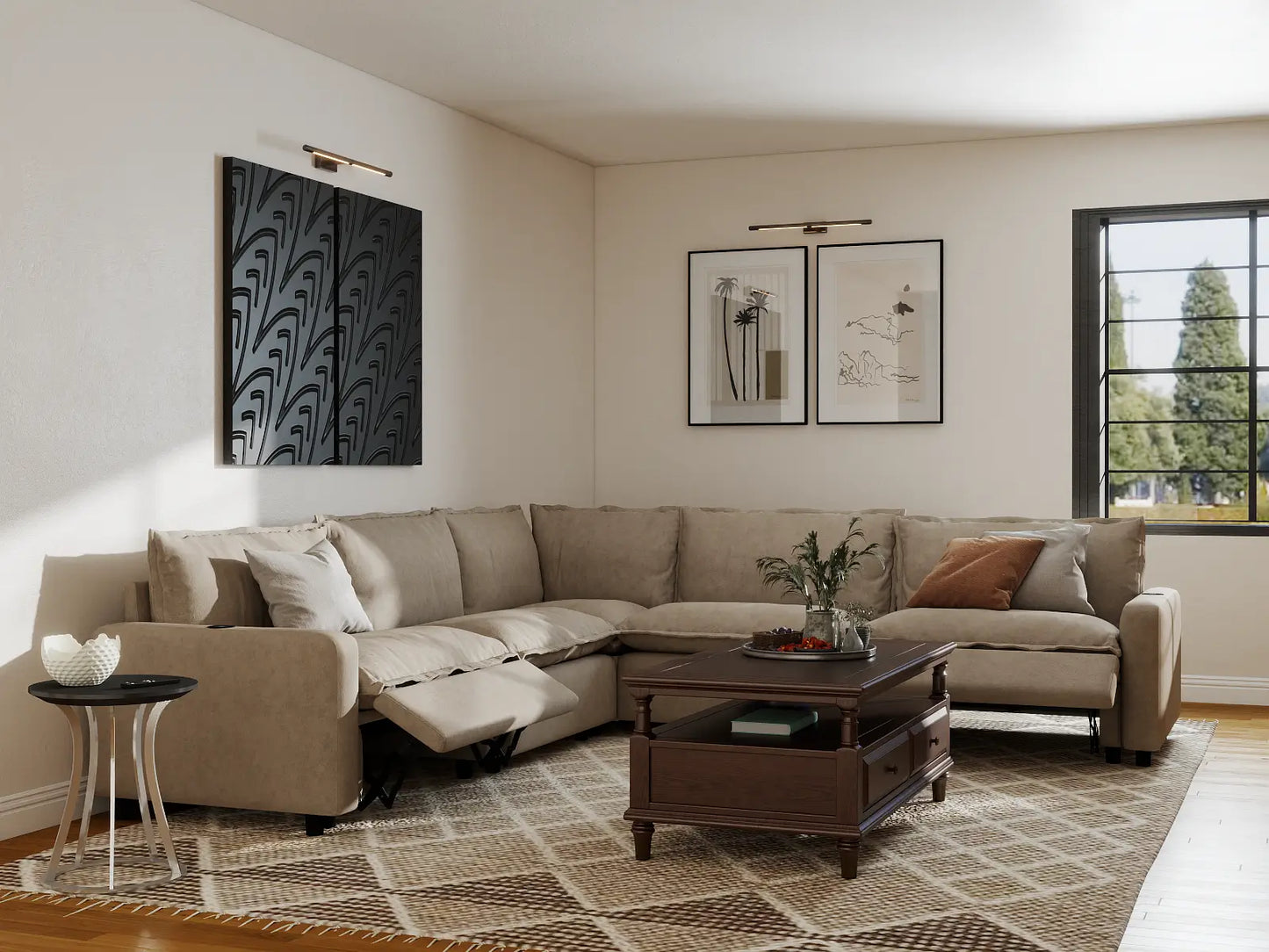 Modular Cero Reclining Sectionals | 5-Piece Khaki Linen Grand Estate V-Shaped Sectionals 5-Seater