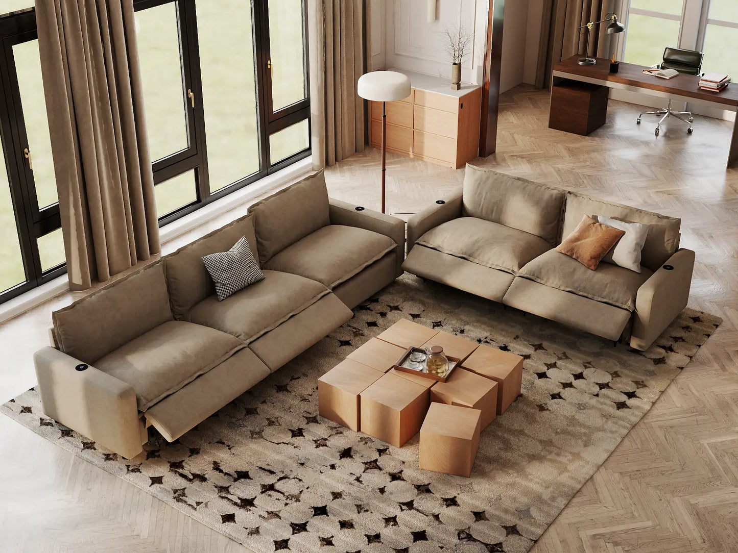 Modular Cero Reclining Sectionals | 5-Piece Khaki Linen Home Living Corner Sectionals 5-Seater