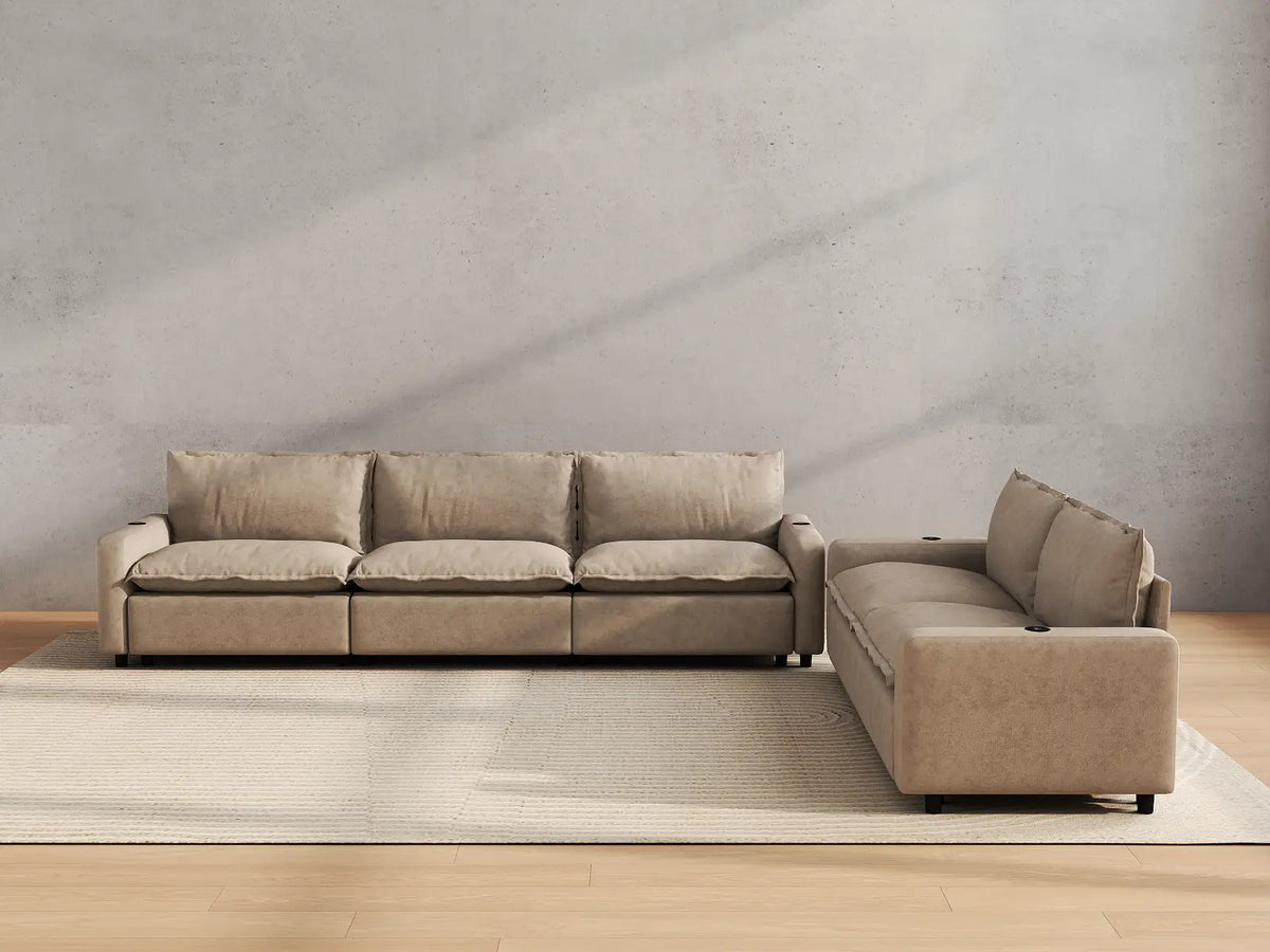 Modular Cero Reclining Sectionals | 5-Piece Khaki Linen Home Living Corner Sectionals 5-Seater