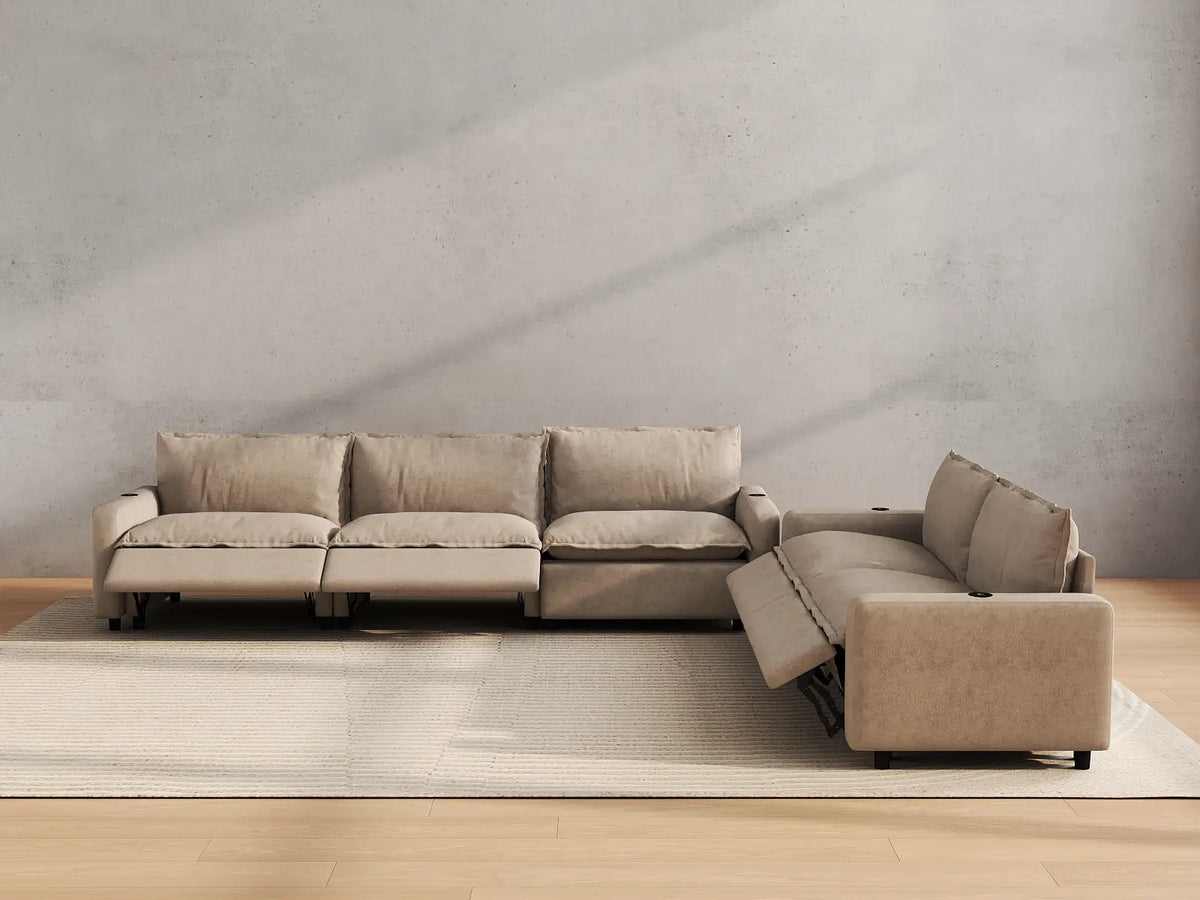 Modular Cero Reclining Sectionals | 5-Piece Khaki Linen Home Living Corner Sectionals 5-Seater