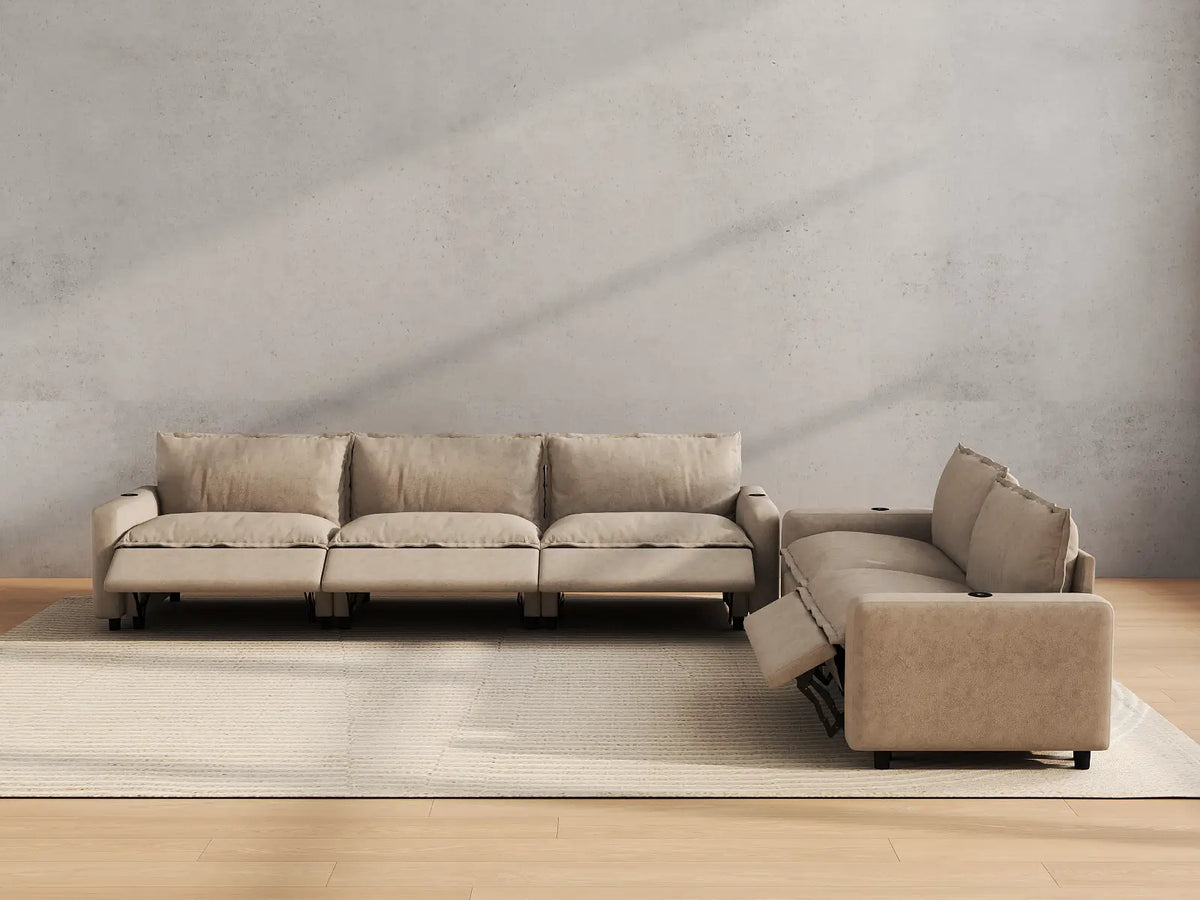Modular Cero Reclining Sectionals | 5-Piece Khaki Linen Home Living Corner Sectionals 5-Seater