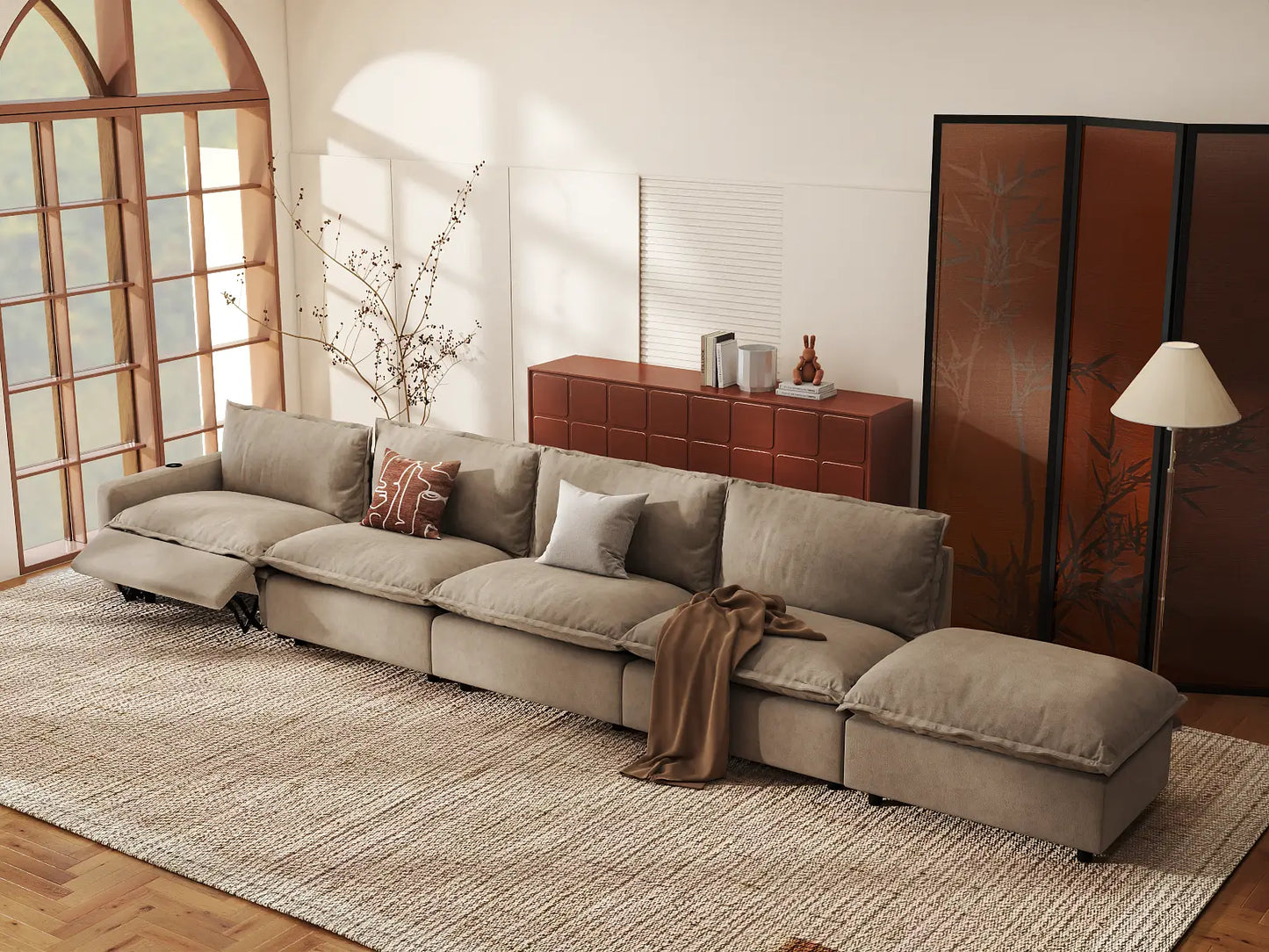 Modular Cero Sectional Couch with Recliner and Chaise | 5-Piece Khaki Linen Home Living Couch Sectionals 4-Seater with 1-Ottoman