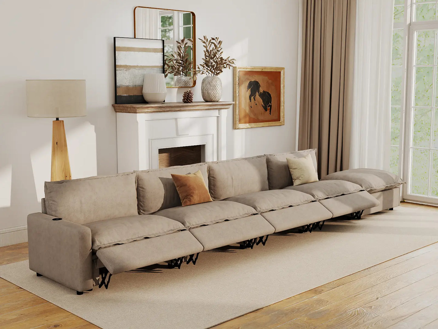 Modular Cero Reclining Sectionals | 5-Piece Khaki Linen Home Living Couch Sectionals 4-Seater with 1-Ottoman