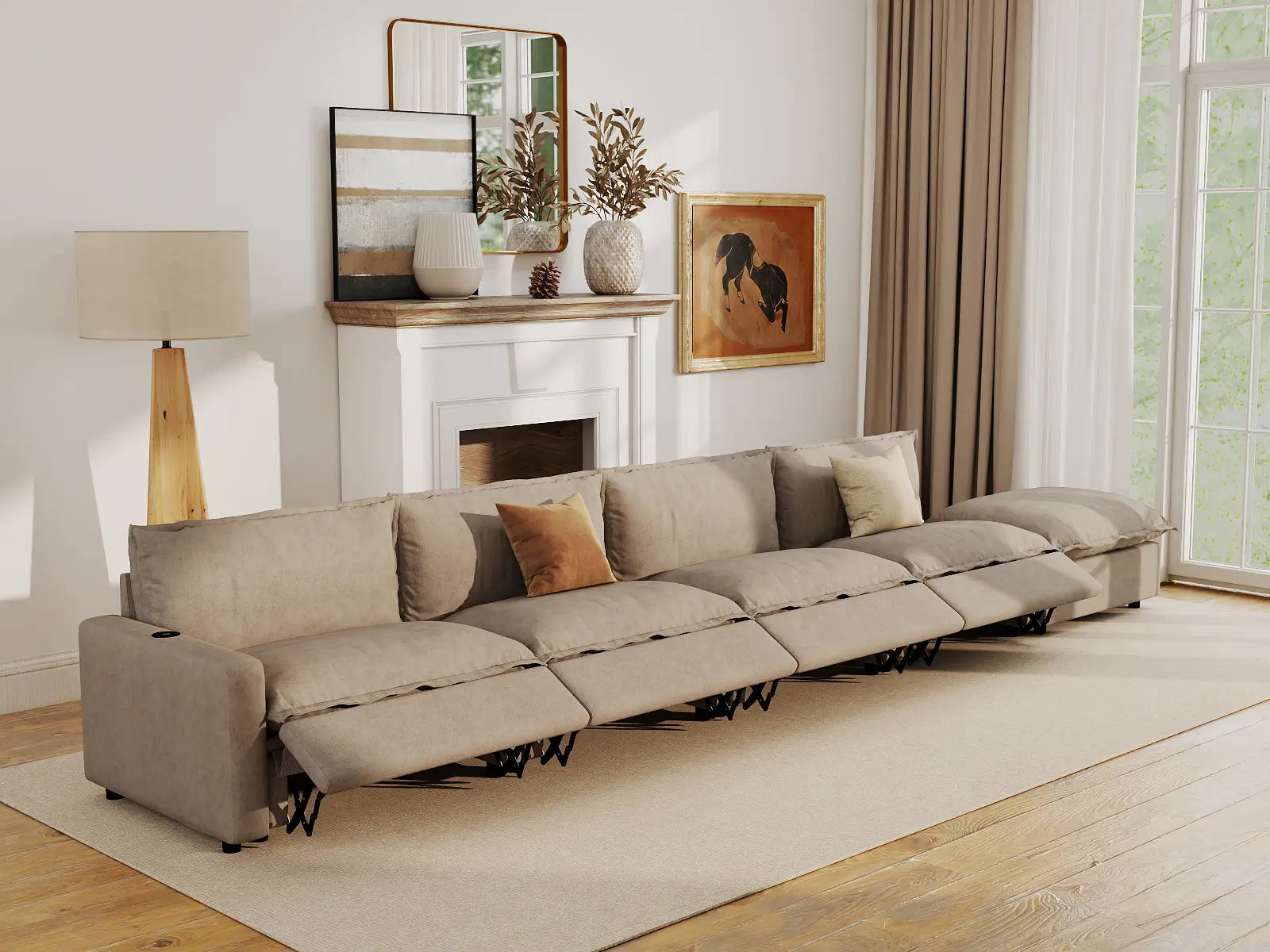 Modular Cero Sectional Sofa Recliner Chaise | 5-Piece Khaki Linen Home Living Couch Sectionals 4-Seater with 1-Ottoman