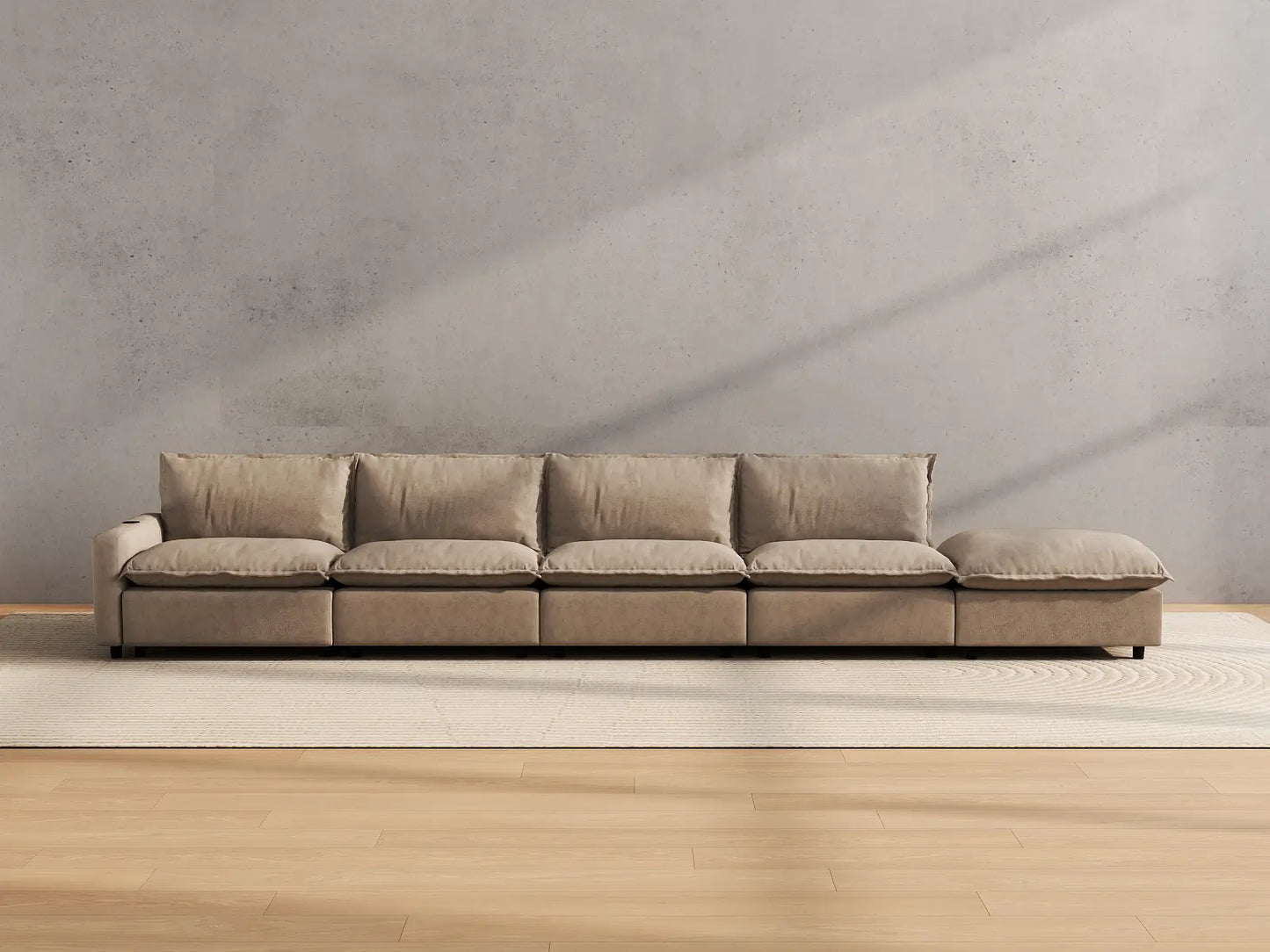 Modular Cero Sectional Couch with Recliner and Chaise | 5-Piece Khaki Linen Home Living Couch Sectionals 4-Seater with 1-Ottoman