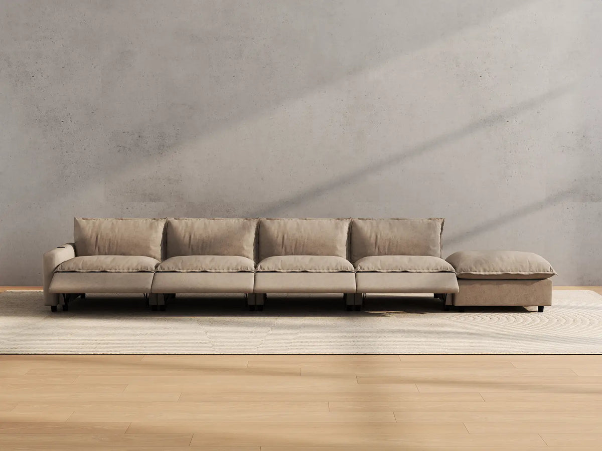 Modular Cero Reclining Sectionals | 5-Piece Khaki Linen Home Living Couch Sectionals 4-Seater with 1-Ottoman