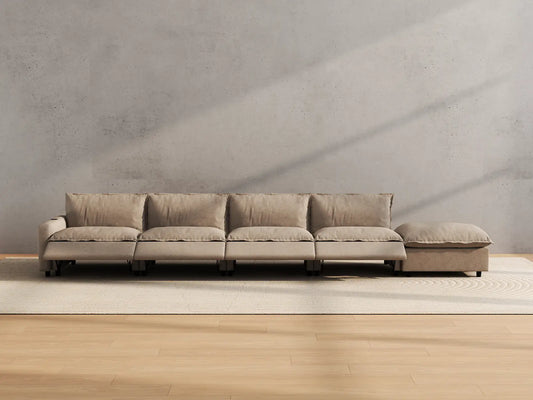Modular Cero Reclining Sectionals | 5-Piece Khaki Linen Home Living Couch Sectionals 4-Seater with 1-Ottoman