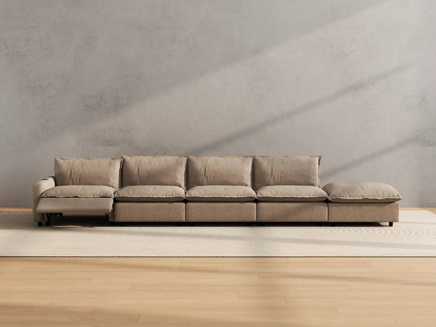 Modular Cero Sectional Couch with Recliner and Chaise | 5-Piece Khaki Linen Home Living Couch Sectionals 4-Seater with 1-Ottoman