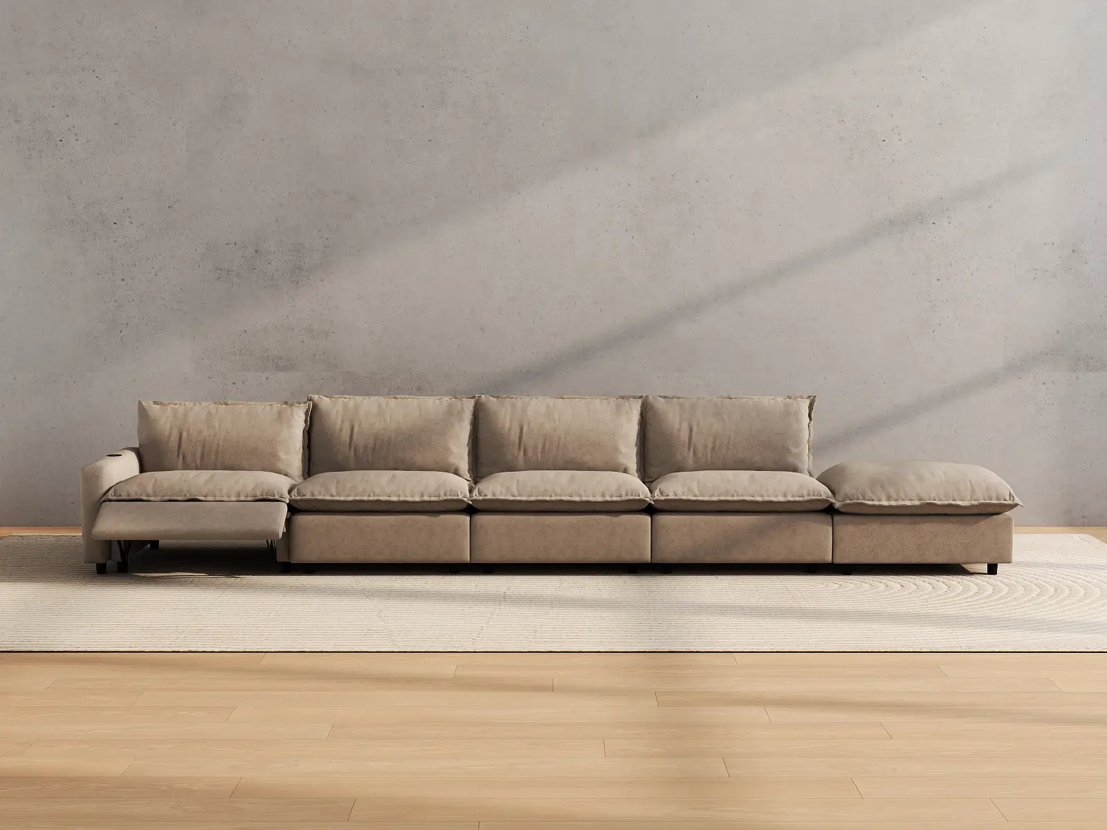 Modular Cero Sectional Couch with Recliner and Chaise | 5-Piece Khaki Linen Home Living Couch Sectionals 4-Seater with 1-Ottoman
