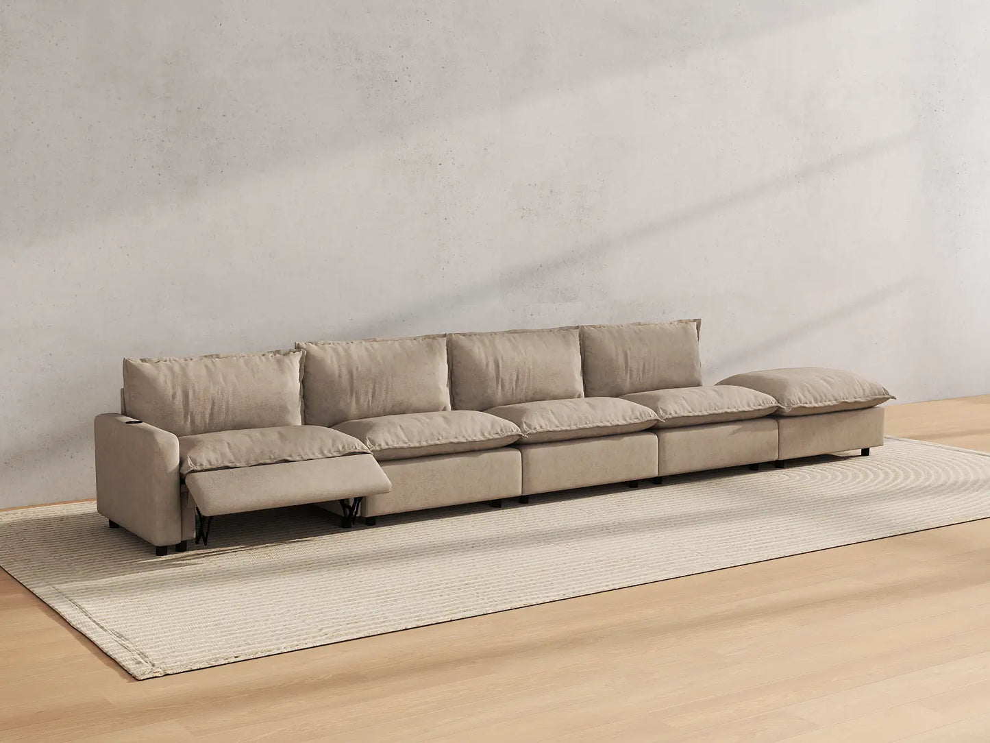 Modular Cero Sectional Couch with Recliner and Chaise | 5-Piece Khaki Linen Home Living Couch Sectionals 4-Seater with 1-Ottoman