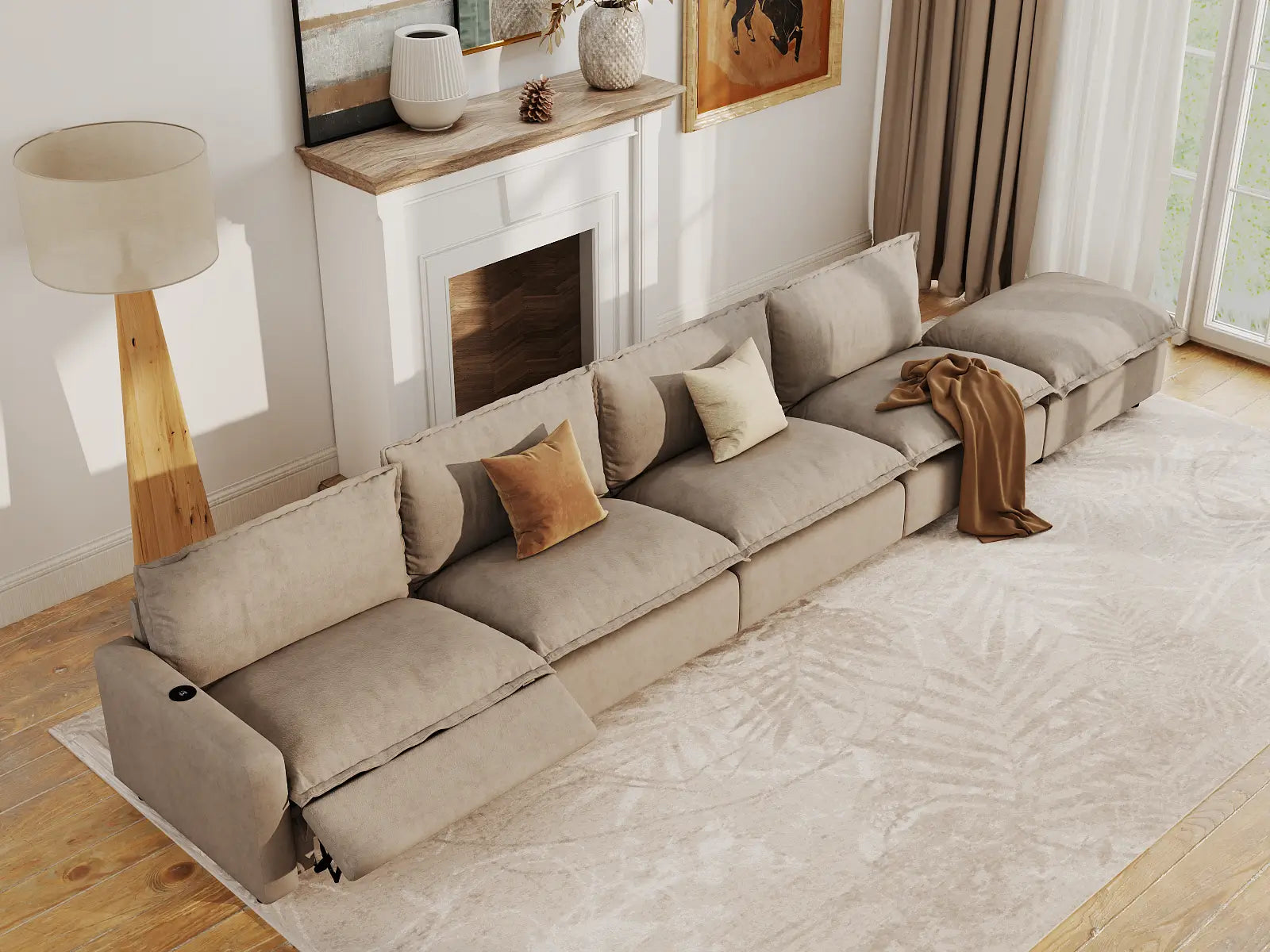 Modular Cero Sectional Couch with Recliner and Chaise | 5-Piece Khaki Linen Home Living Couch Sectionals 4-Seater with 1-Ottoman