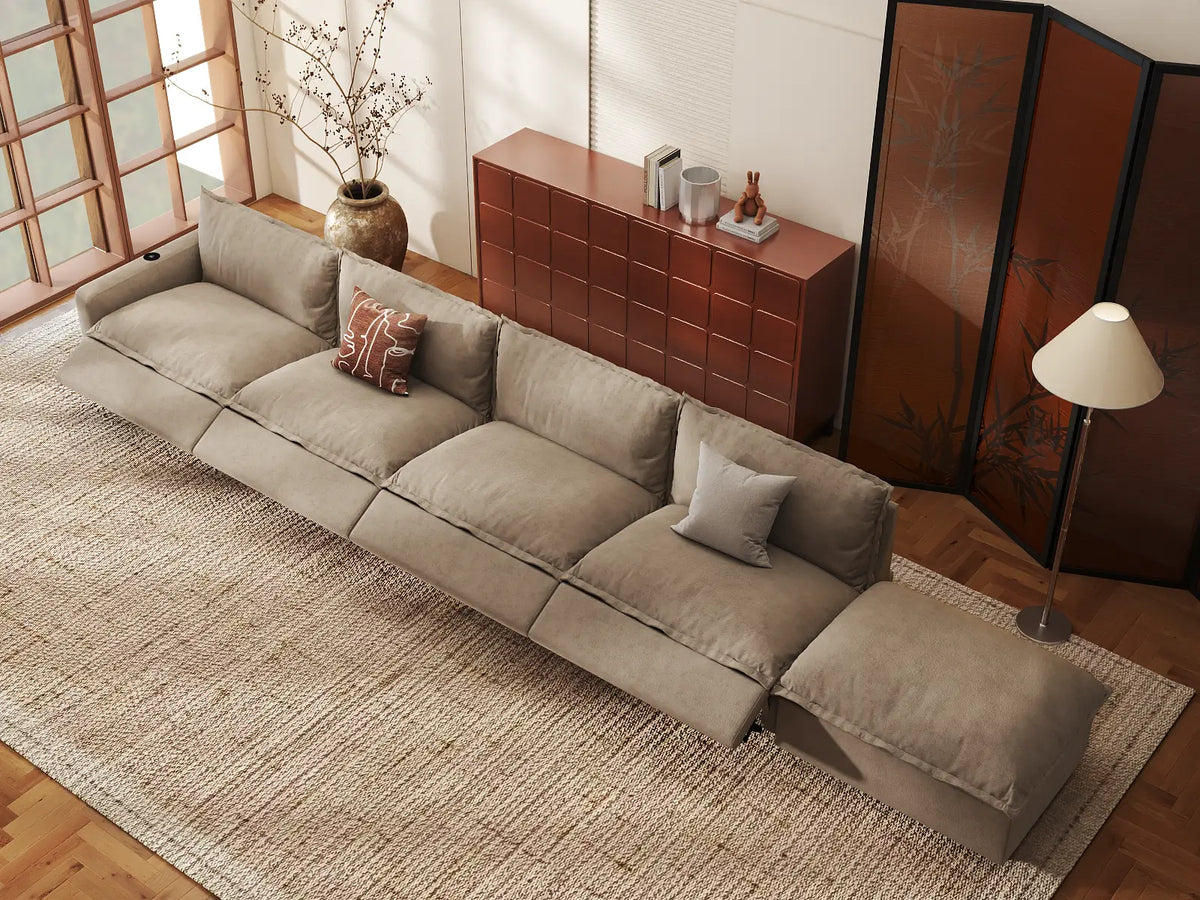 Modular Cero Reclining Sectionals | 5-Piece Khaki Linen Home Living Couch Sectionals 4-Seater with 1-Ottoman