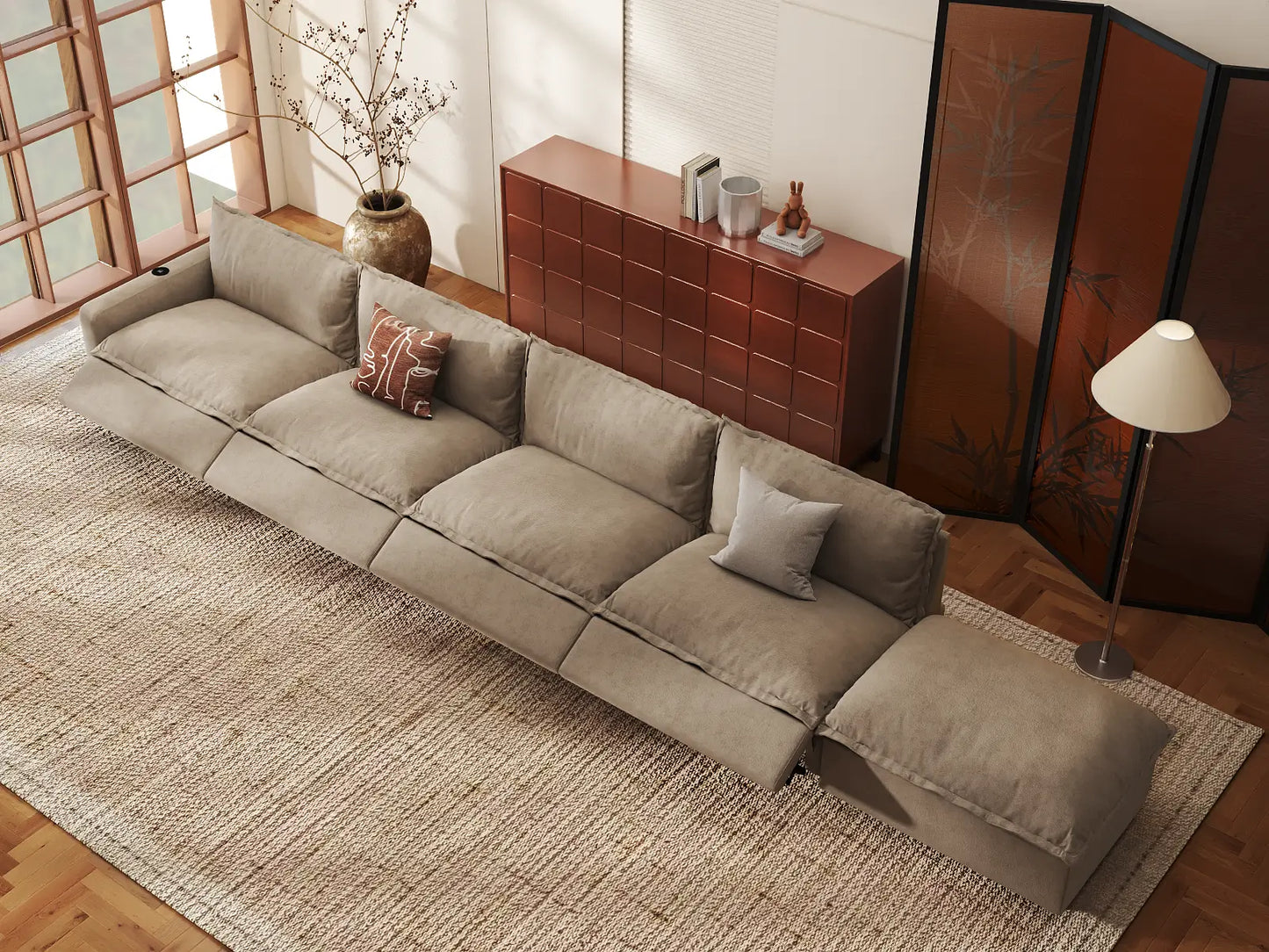 Modular Cero Reclining Sectionals | 5-Piece Khaki Linen Home Living Couch Sectionals 4-Seater with 1-Ottoman