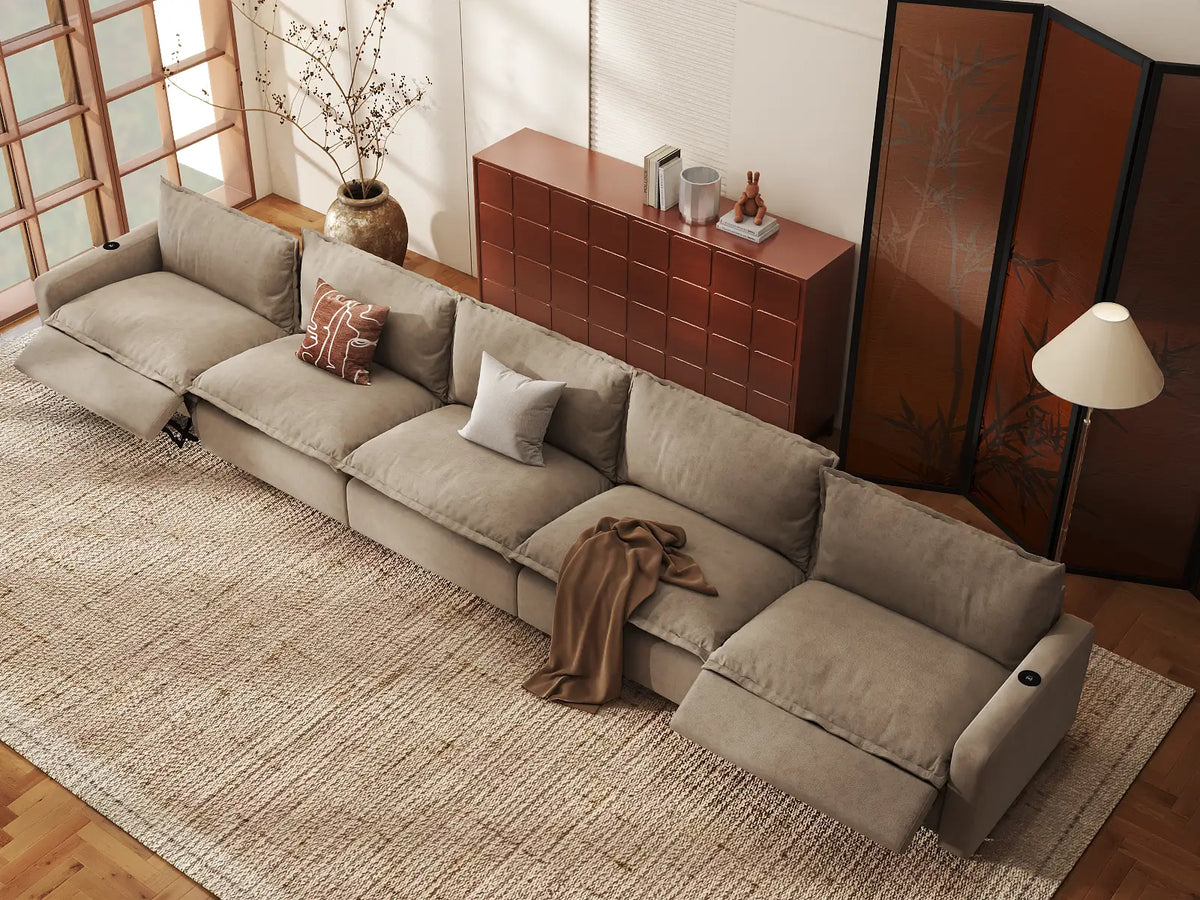 Modular Cero Reclining Sectionals | 5-Piece Khaki Linen Home Living Couch Sectionals 5-Seater