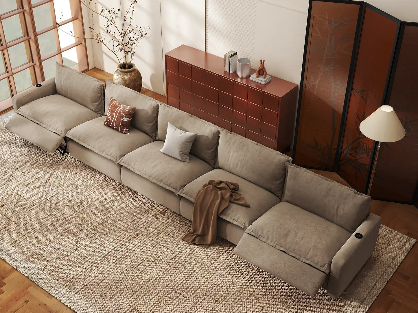 Modular Cero Reclining Sectionals | 5-Piece Khaki Linen Home Living Couch Sectionals 5-Seater