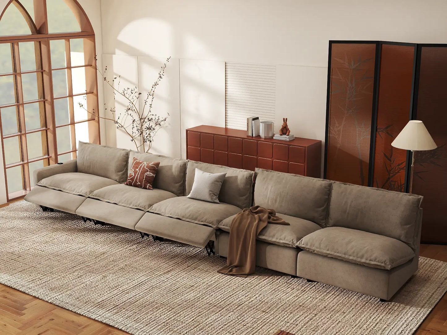 Modular Cero Reclining Sectionals | 5-Piece Khaki Linen Home Living Couch Sectionals 5-Seater