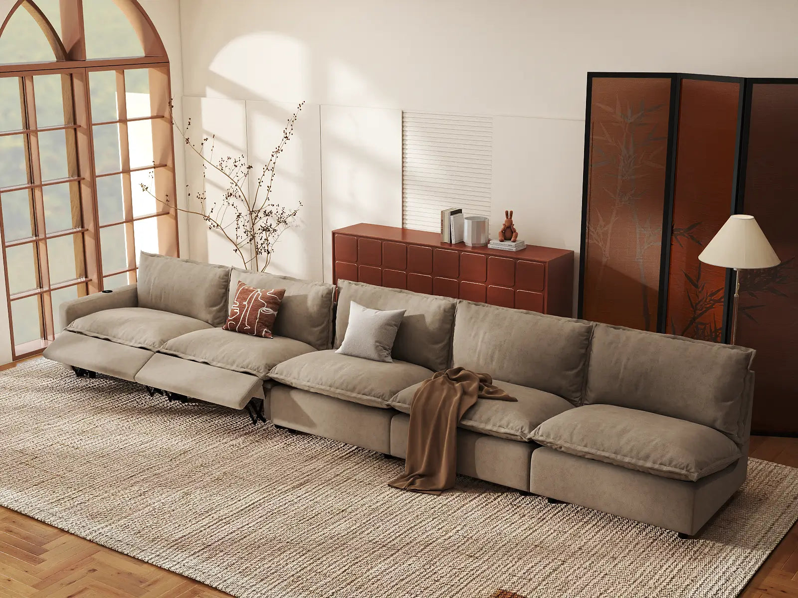 Modular Cero Large Reclining Sectional | 5-Piece Khaki Linen Home Living Couch Sectionals 5-Seater