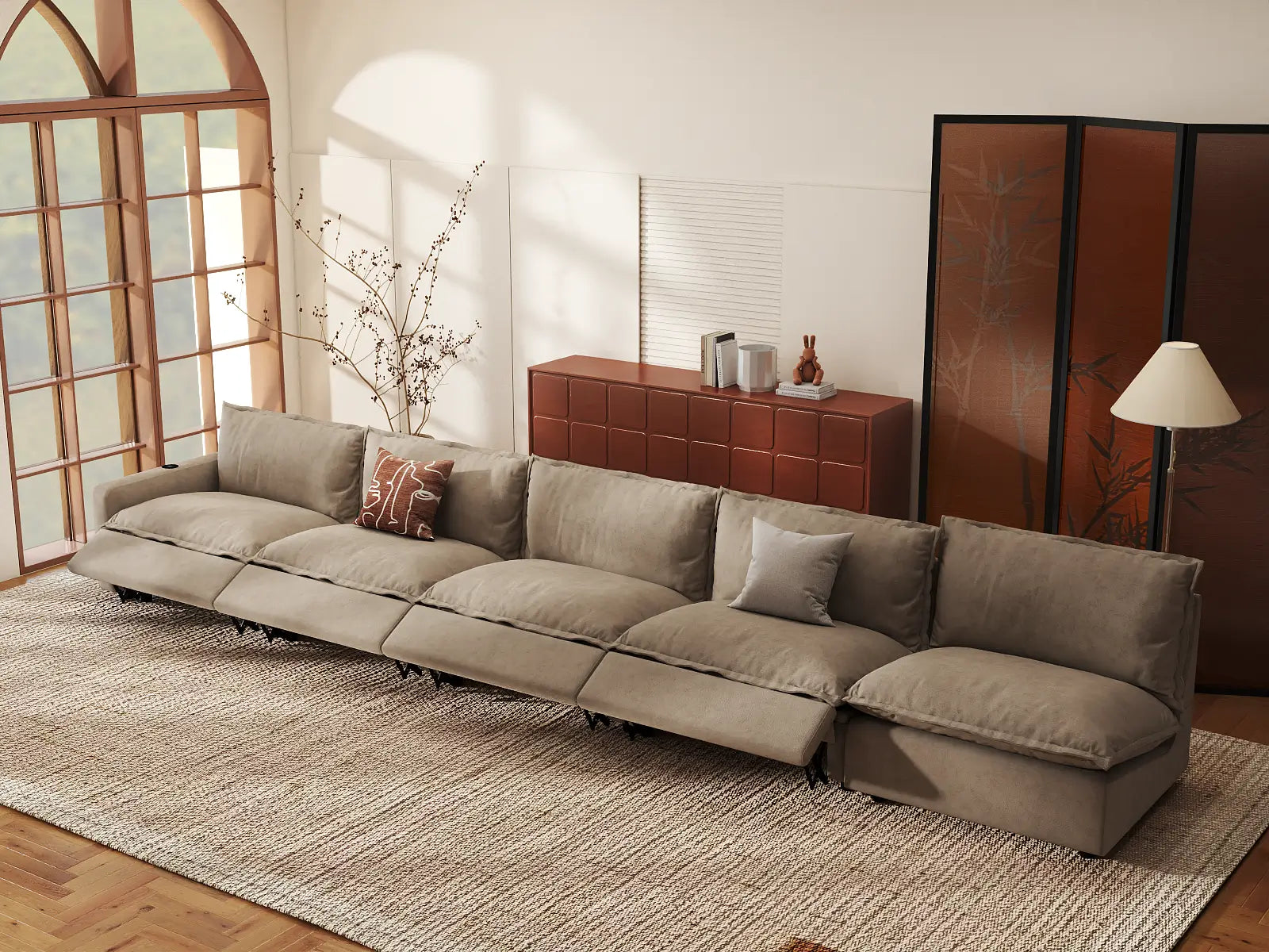 Modular Cero Sectional Reclining Couch | 5-Piece Khaki Linen Home Living Couch Sectionals 5-Seater