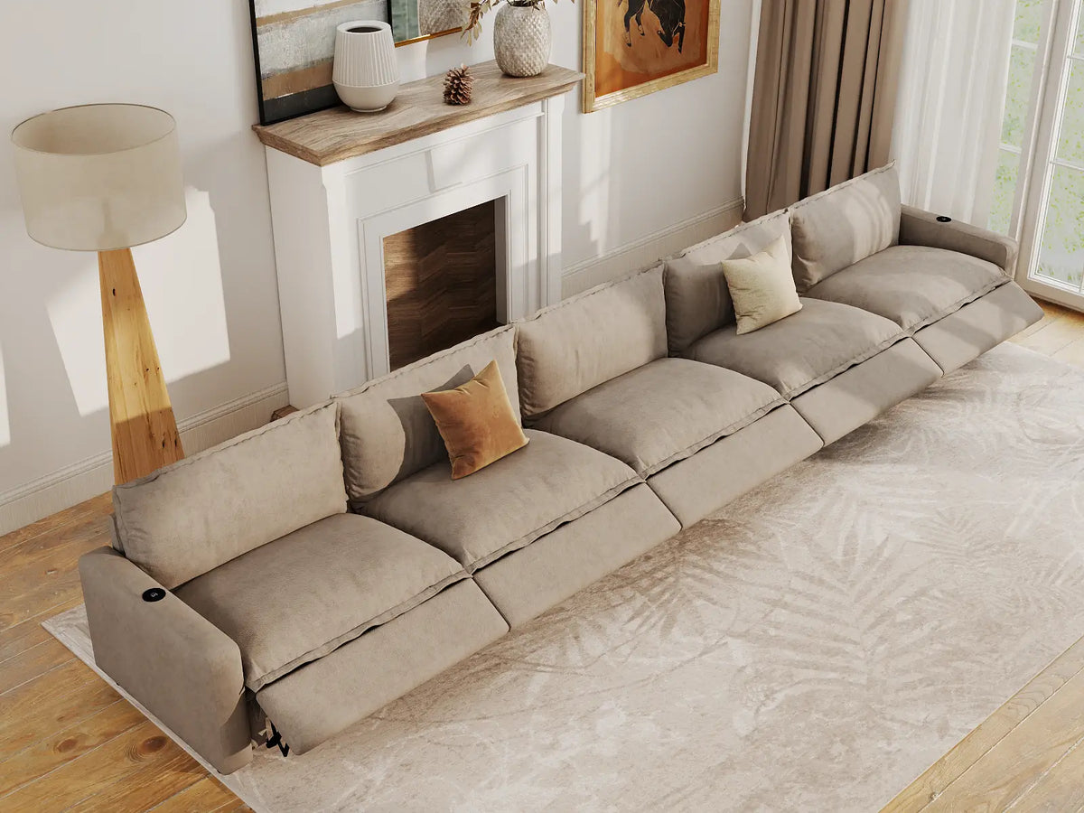 Modular Cero Reclining Sectionals | 5-Piece Khaki Linen Home Living Couch Sectionals 5-Seater