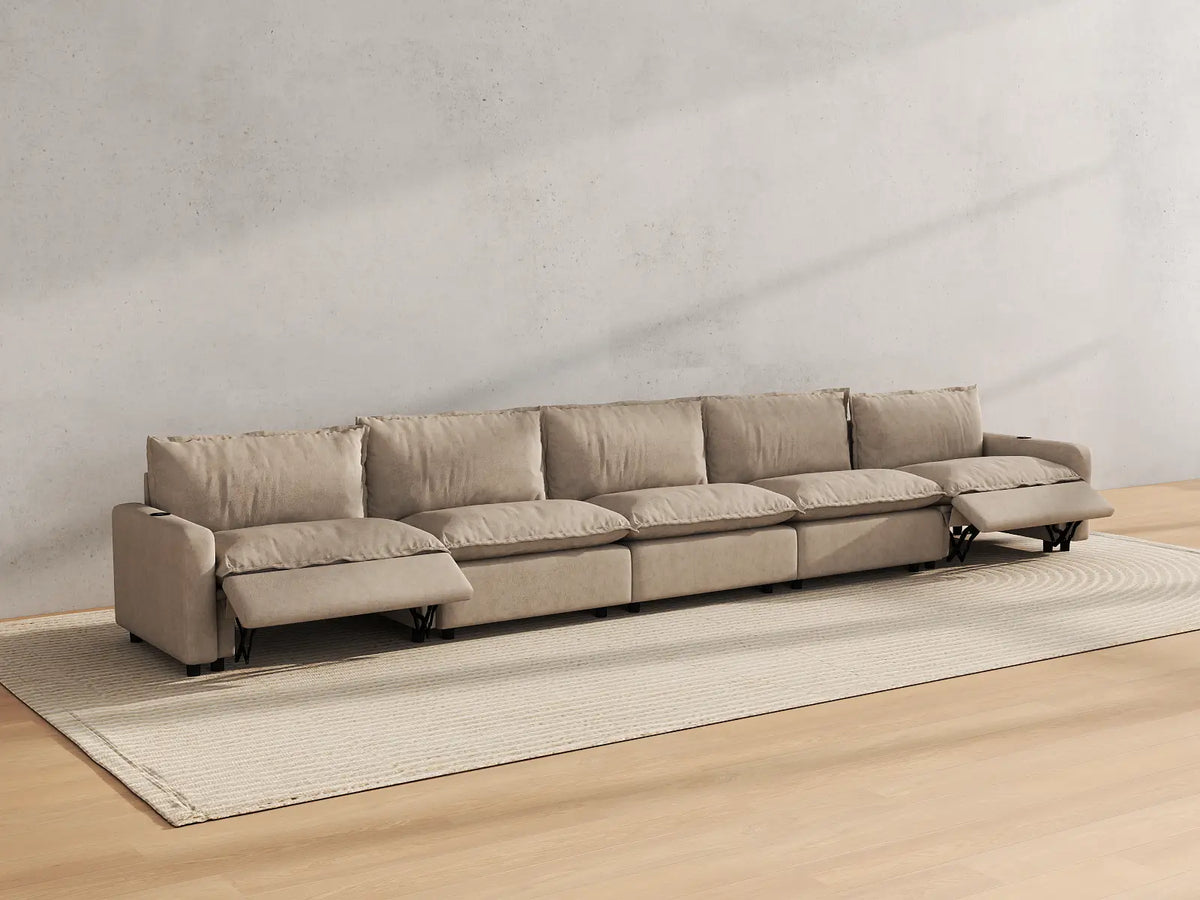 Modular Cero Reclining Sectionals | 5-Piece Khaki Linen Home Living Couch Sectionals 5-Seater