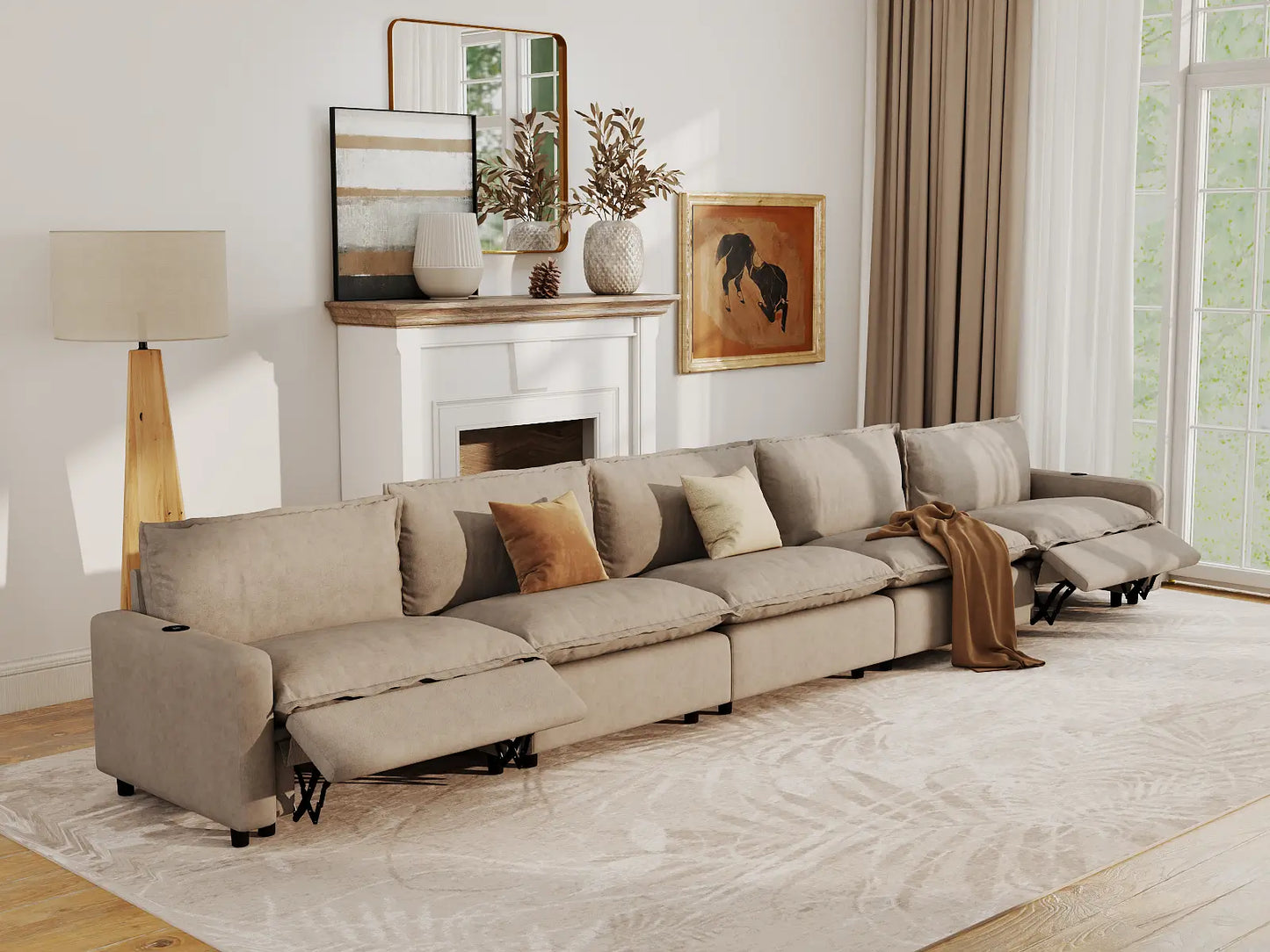 Modular Cero Reclining Sectionals | 5-Piece Khaki Linen Home Living Couch Sectionals 5-Seater